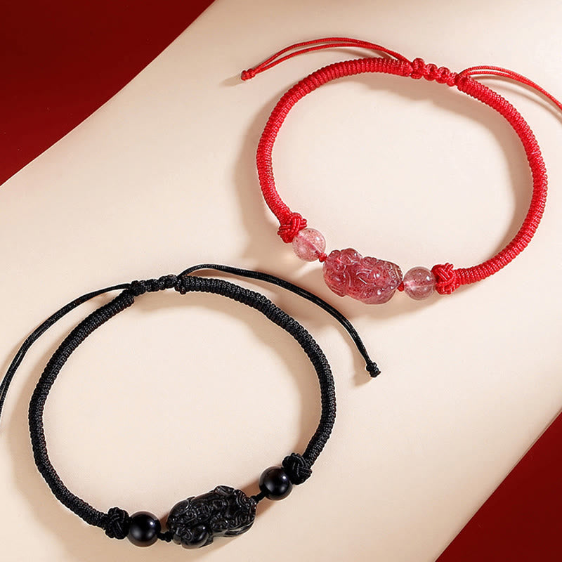 Stone of buddha Handmade Natural Silver Sheen Obsidian Strawberry Quartz PiXiu Protection Braided Bracelet