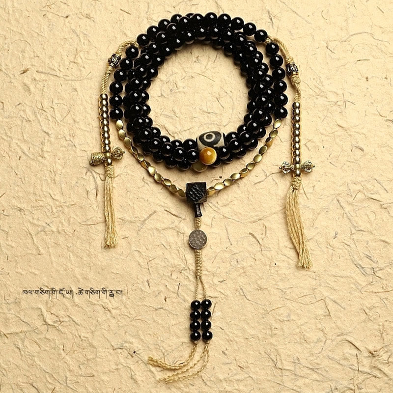 Stone of buddha Tibetan 108 Mala Beads Black Onyx Three-eyed Dzi Beads Protection Bracelet