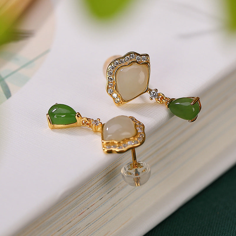 Stone of buddha White Jade Cyan Jade Fan Water Drop Pattern Luck Drop Earrings