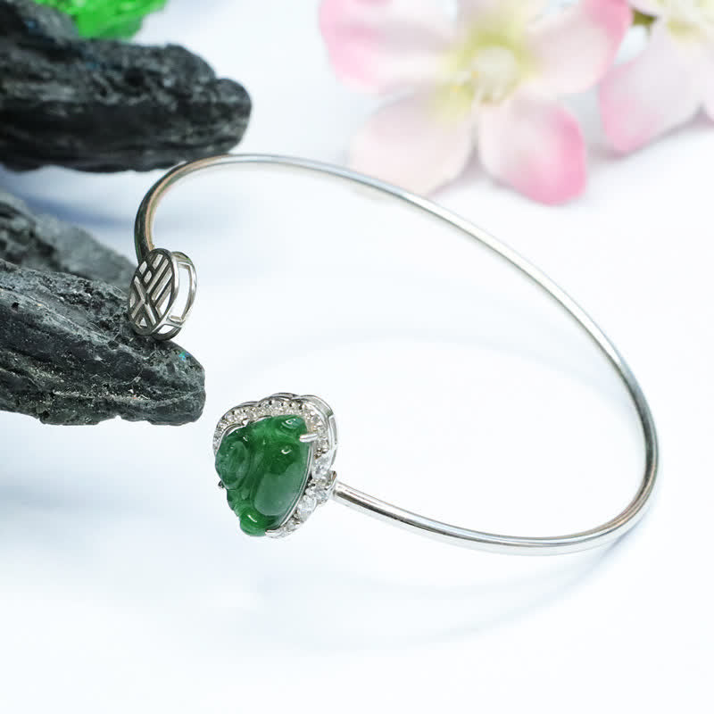 Stone of buddha 925 Sterling Silver Laughing Buddha Jade Luck Bracelet Bangle