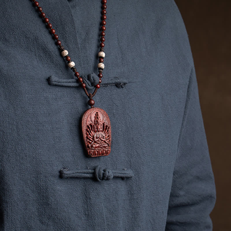 Stone of buddha Chinese Zodiac Natal Buddha Small Leaf Red Sandalwood Lotus Protection Necklace Pendant