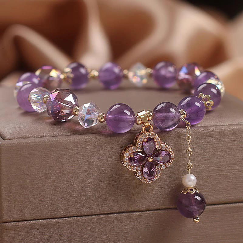 Stone of buddha Natural Amethyst Crystal Four Leaf Clover Spiritual Healing Bracelet