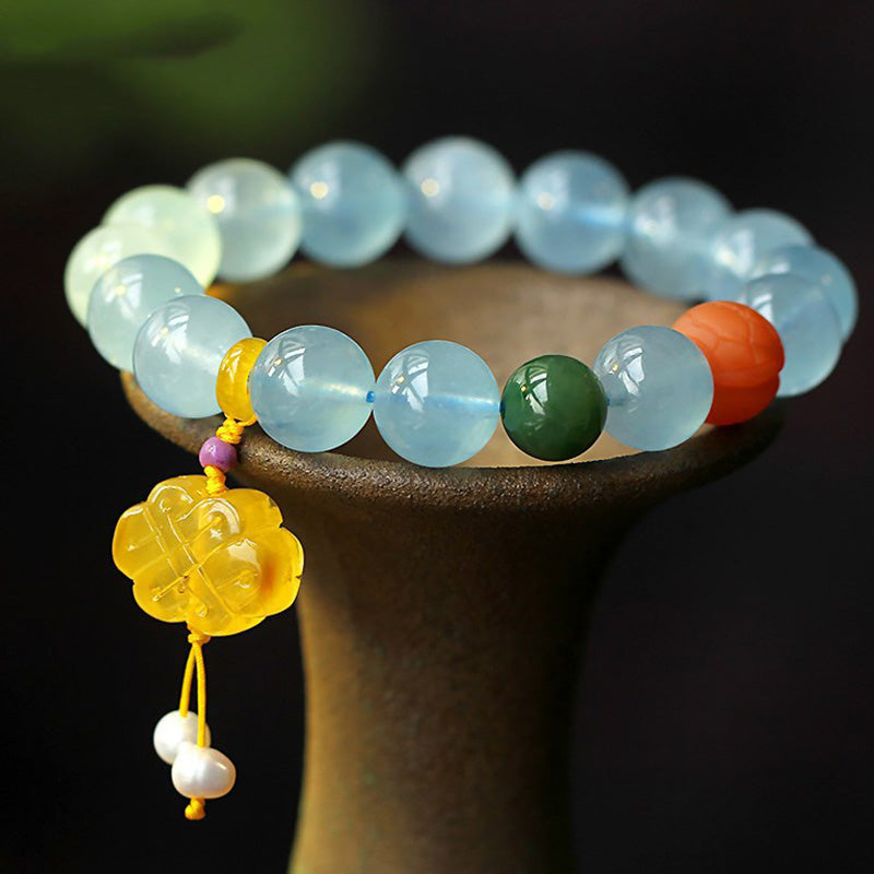 Stone of buddha Natural Aquamarine Amber Chinese Knotting Charm Peace Bracelet