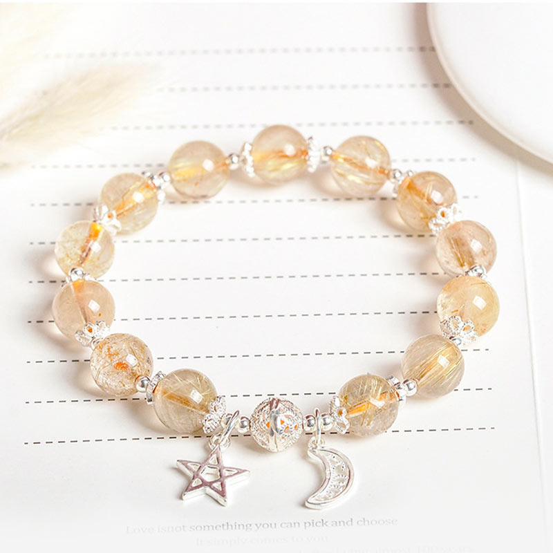 Stone of buddha 925 Sterling Silver Natural Citrine Happiness Moon Star Charm Bracelet