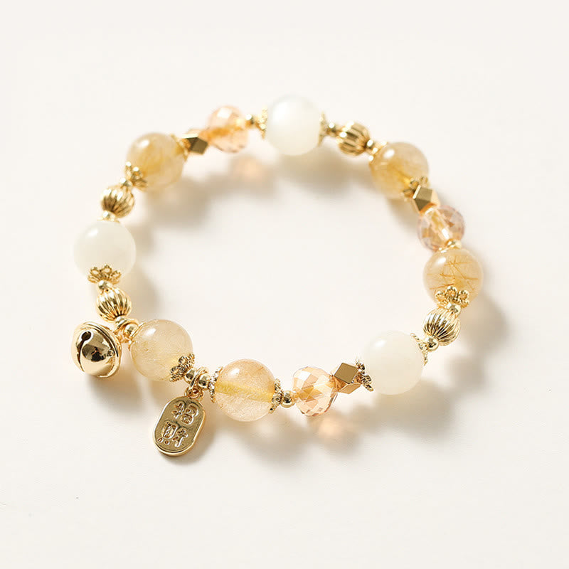 Stone of buddha 14K Gold Plated Golden Rutilated Quartz Wealth Bell Lucky Fortune Charm Bracelet