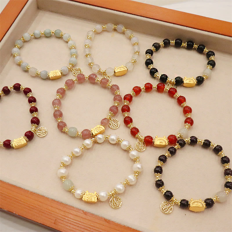 Stone of buddha Year Of The Dragon Red Agate Strawberry Quartz Black Obsidian Jade Garnet Pearl Cinnabar Dumpling Dragon Luck Fu Character Bracelet