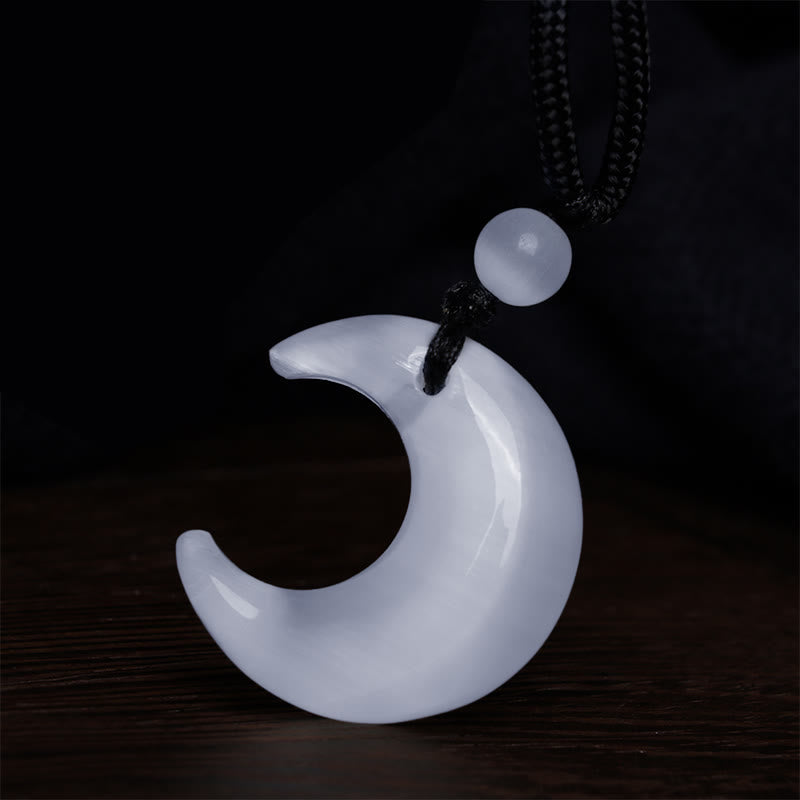 Stone of buddha Natural Silver Sheen Obsidian Selenite Crystal Crescent Moon Yin Yang Couple Protection Necklace Pendant