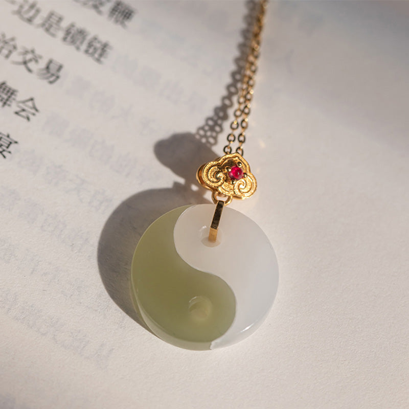 Stone of buddha Yin Yang Jade 18K Gold Luck Prosperity Necklace Pendant