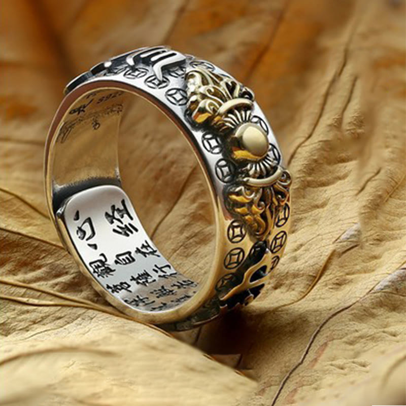 Stone of buddha Tibetan 990 Sterling Silver Om Mani Padme Hum PiXiu Dorje Vajra Heart Sutra Engraved Wealth Ring