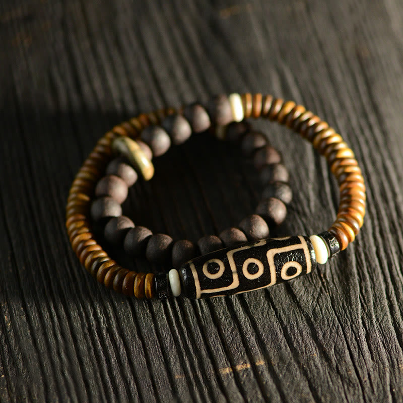 Stone of buddha Tibetan Nine-Eye Dzi Bead Green Sandalwood Ebony Wood Peace Double Wrap Bracelet
