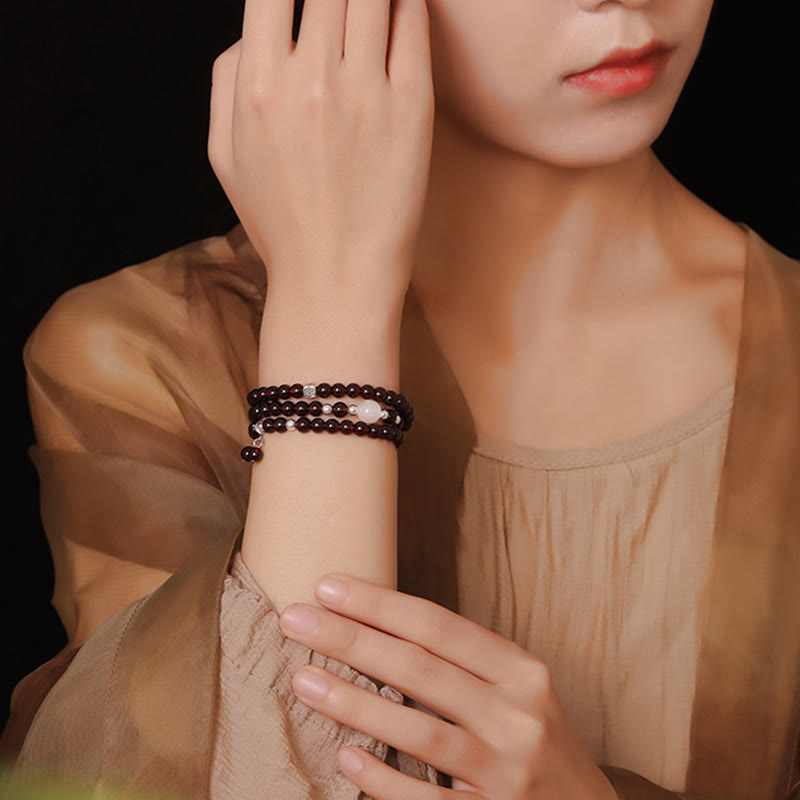 Stone of buddha 925 Sterling Silver Natural Garnet Cat Eye Protection Triple Wrap Bracelet