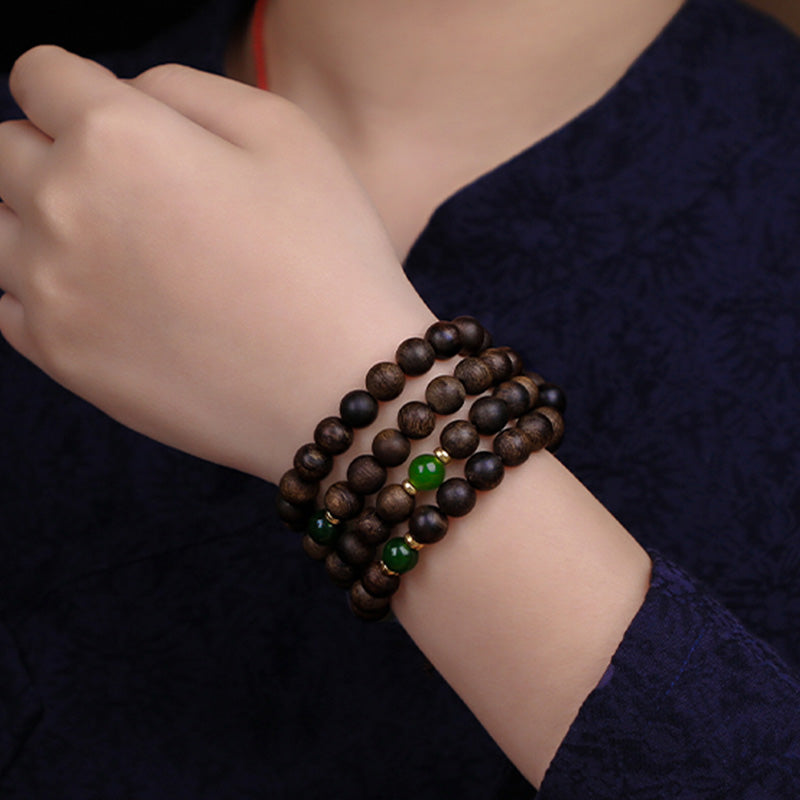 Stone of buddha 108 Mala Beads Indonesia Tarakan Rare Agarwood Cyan Jade Ward Off Evil Spirits Bracelet