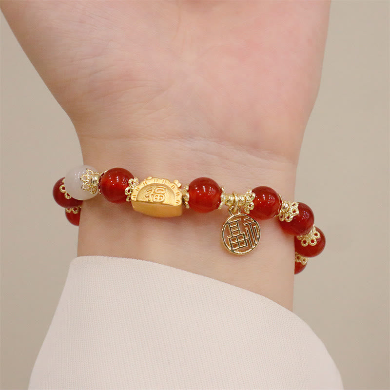 Stone of buddha Year Of The Dragon Red Agate Strawberry Quartz Black Obsidian Jade Garnet Pearl Cinnabar Dumpling Dragon Luck Fu Character Bracelet