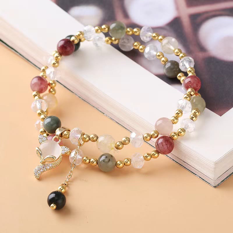 Stone of buddha Multicolored Rutilated Quartz Fox Protection Double Wrap Bracelet