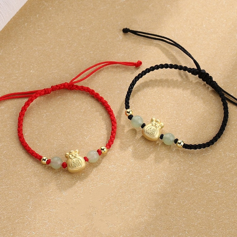 Stone of buddha Lucky Money Bag Fu Character Jade Bead Luck Braided Bracelet
