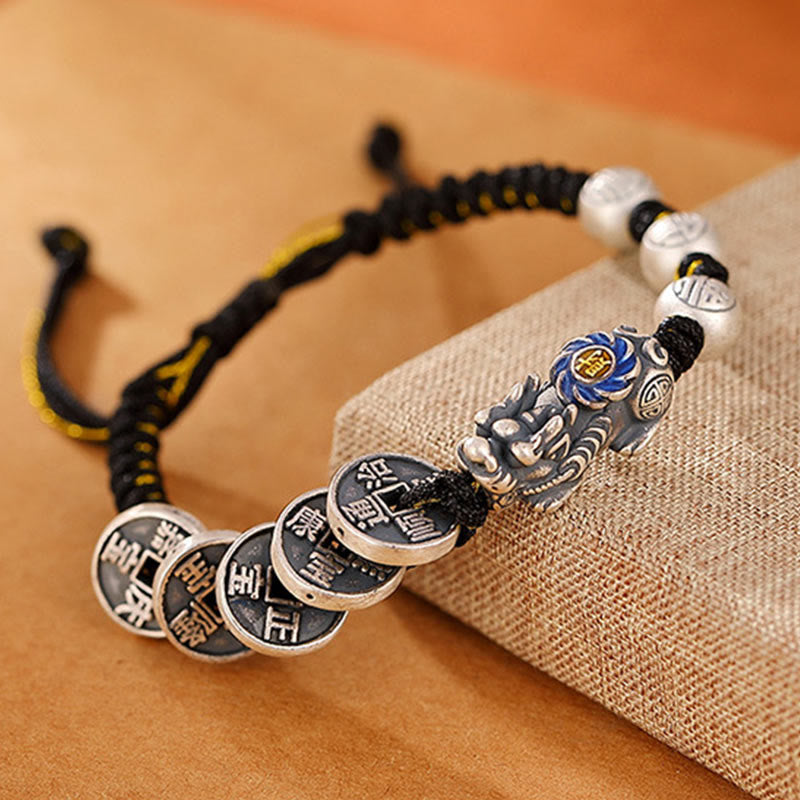 Stone of buddha 999 Sterling Silver FengShui PiXiu Copper Coin Fu Character Wealth Braided Bracelet