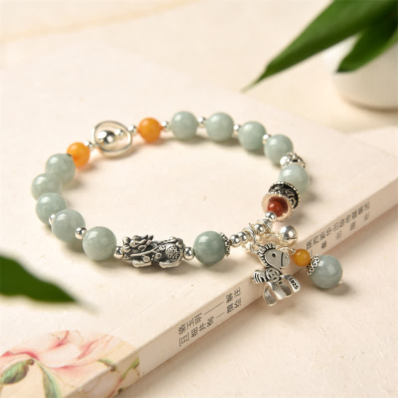 Stone of buddha 925 Sterling Silver Natural Jade Amber PiXiu Pony Success Bracelet