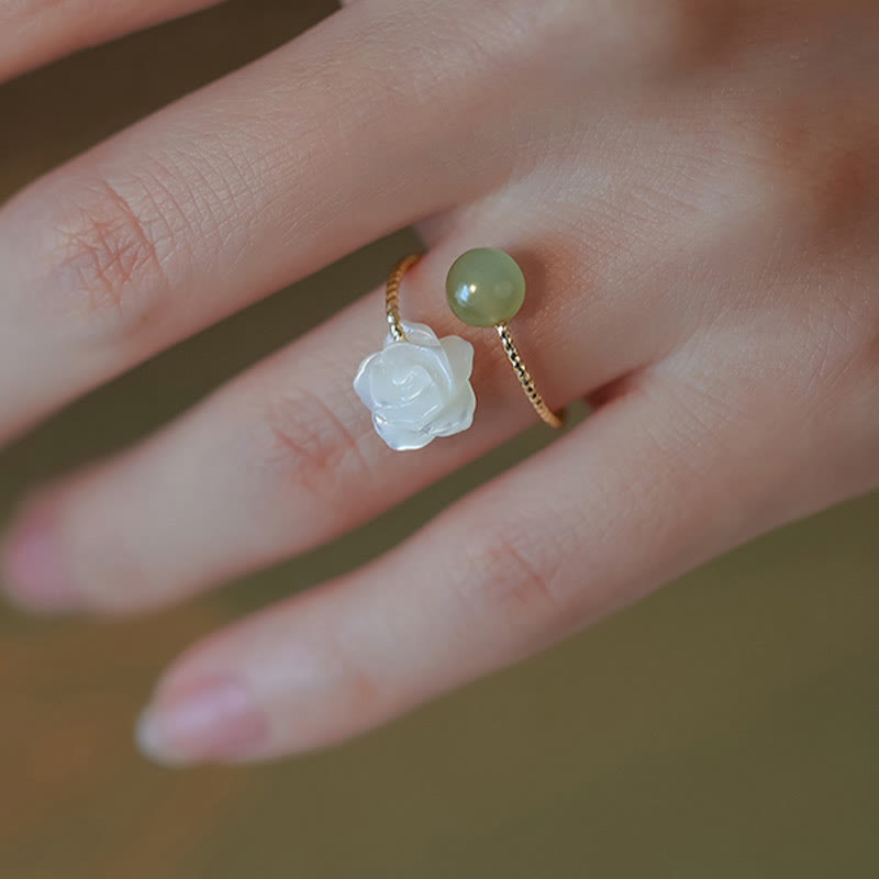 Stone of buddha 14K Gold Plated Tridacna Stone Rose Flower Jade Bead Blessing Ring