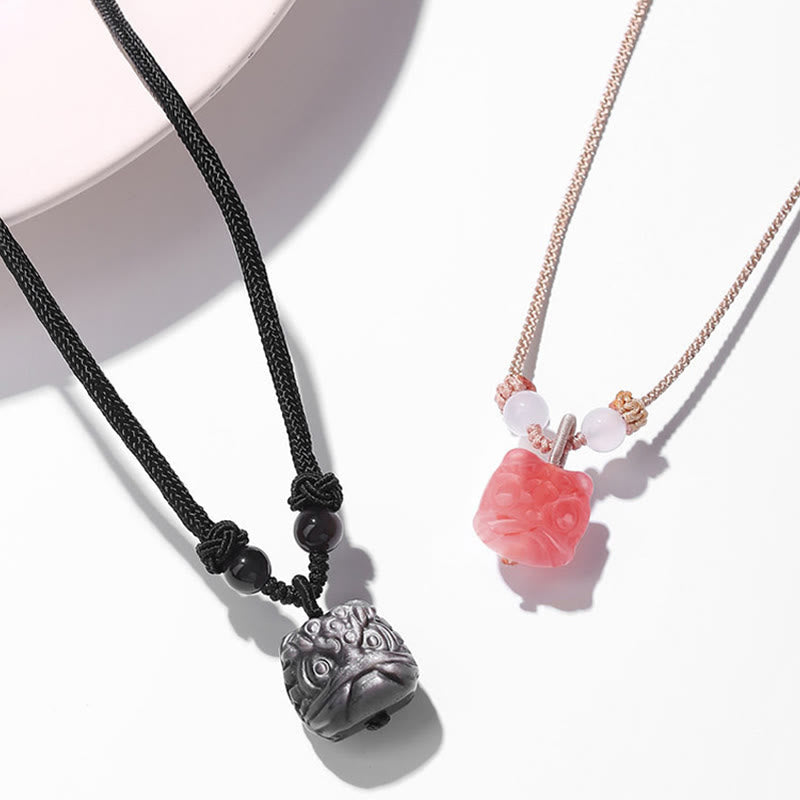 Stone of buddha Natural Silver Sheen Obsidian Red Agate Dancing Lion Protection Necklace Pendant
