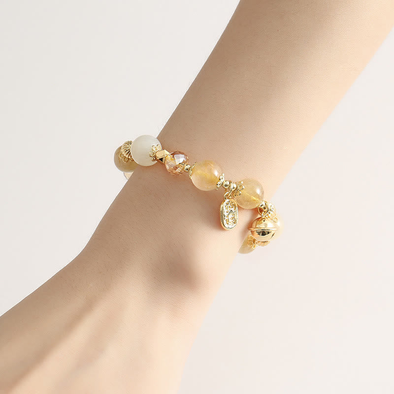Stone of buddha 14K Gold Plated Golden Rutilated Quartz Wealth Bell Lucky Fortune Charm Bracelet