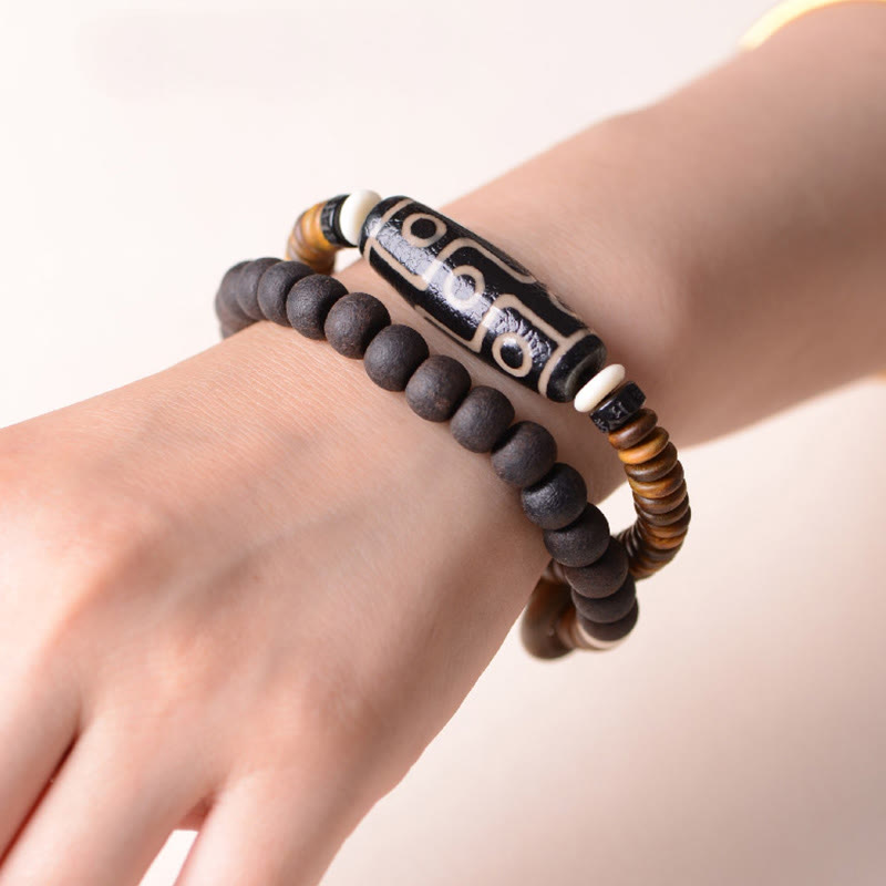 Stone of buddha Tibetan Nine-Eye Dzi Bead Green Sandalwood Ebony Wood Peace Double Wrap Bracelet