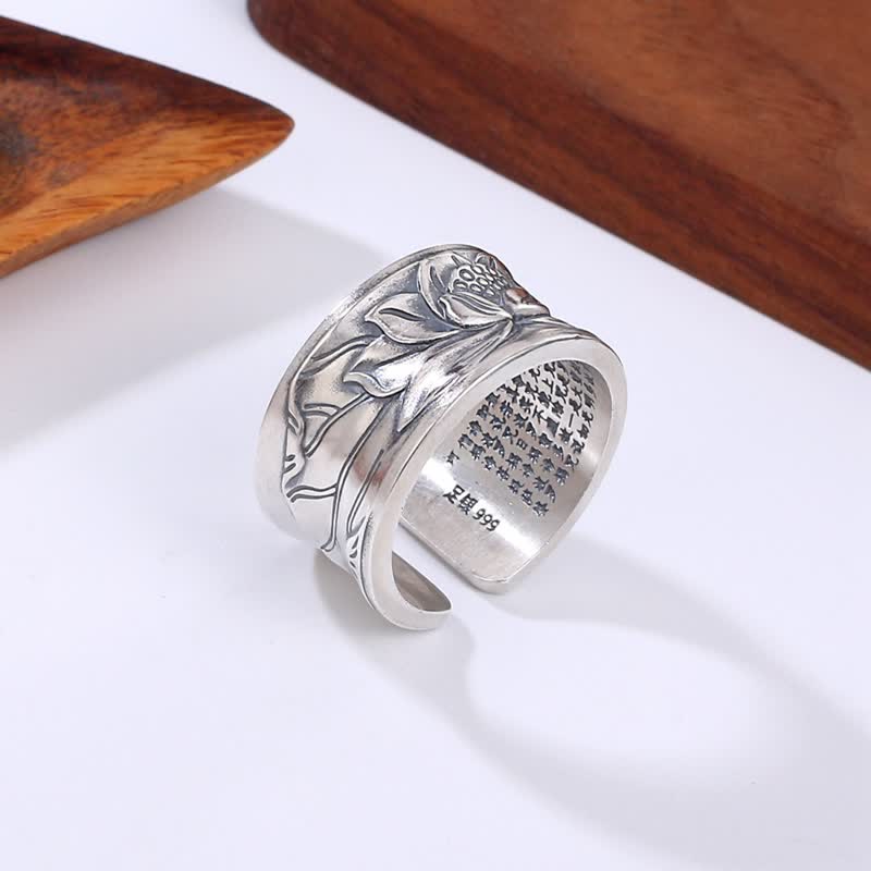 Stone of buddha 999 Sterling Silver Lotus Flower Heart Sutra Protection Ring