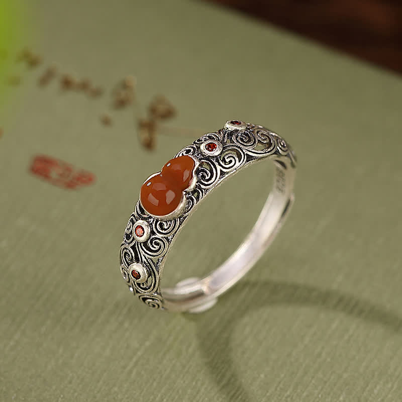 Stone of buddha 925 Sterling Silver Red Agate Cyan Jade Gourd Blessing Auspicious Ring