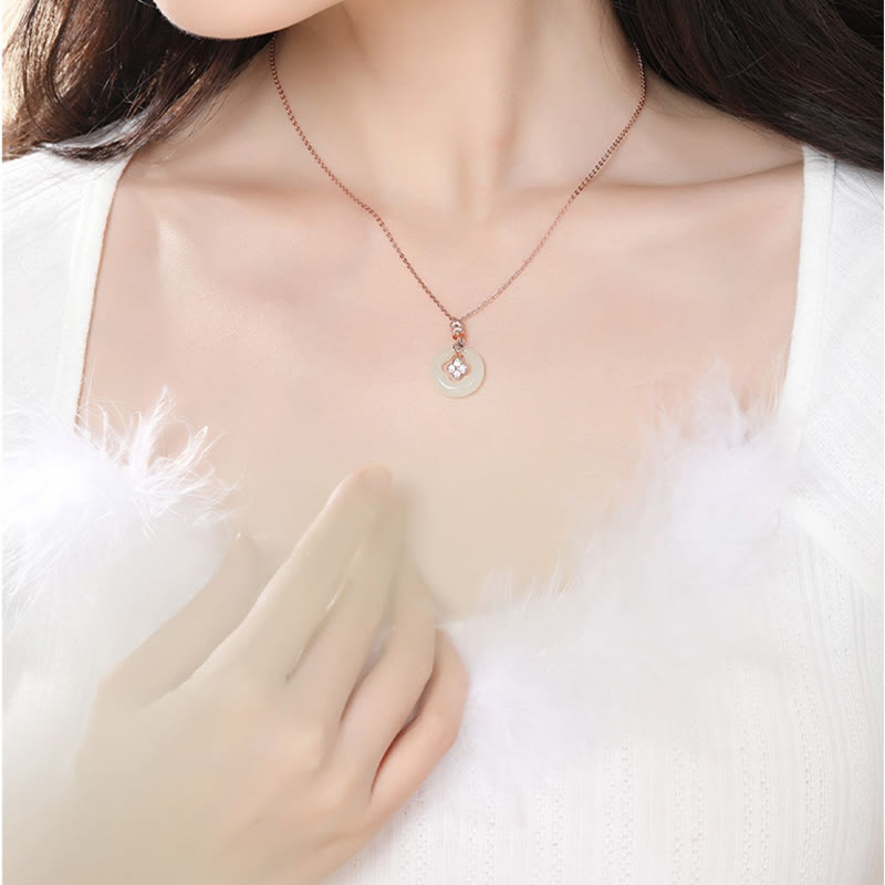 Stone of buddha 925 Sterling Silver Natural Hetian Jade Lucky Four Leaf Clover Zircon Necklace Pendant With Gift Box