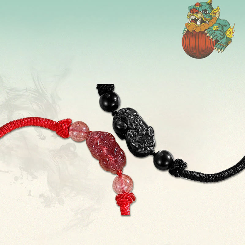 Stone of buddha Handmade Natural Silver Sheen Obsidian Strawberry Quartz PiXiu Protection Braided Bracelet