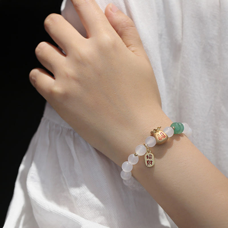 Stone of buddha Natural White Agate Red Agate Money Bag Fu Character Four Leaf Clover Protection Bracelet