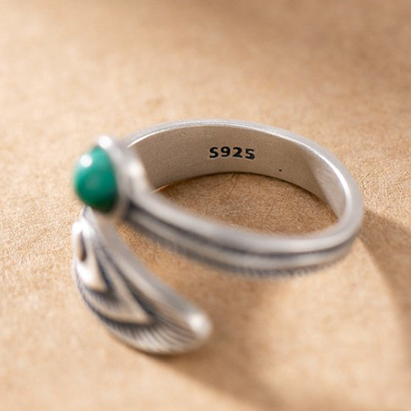 Stone of buddha 925 Sterling Silver Malachite Bead Feather Protection Ring