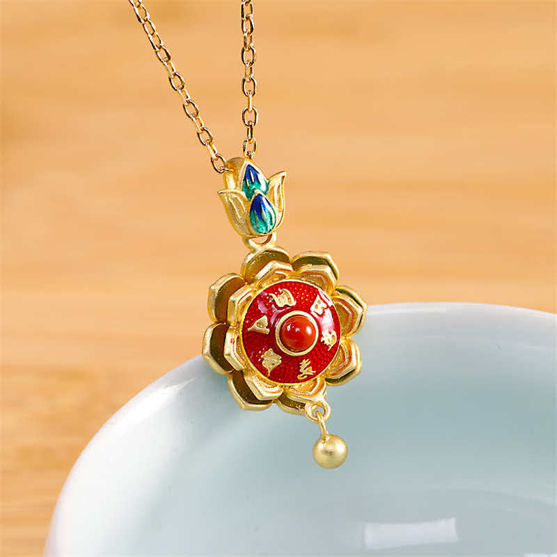 Stone of buddha 925 Sterling Silver Tibet Lotus Prayer Wheel Red Agate Enlightenment Necklace Pendant