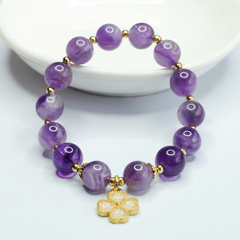 Stone of buddha Natural Amethyst Crystal Inner Peace Four Leaf Clover Charm Bracelet