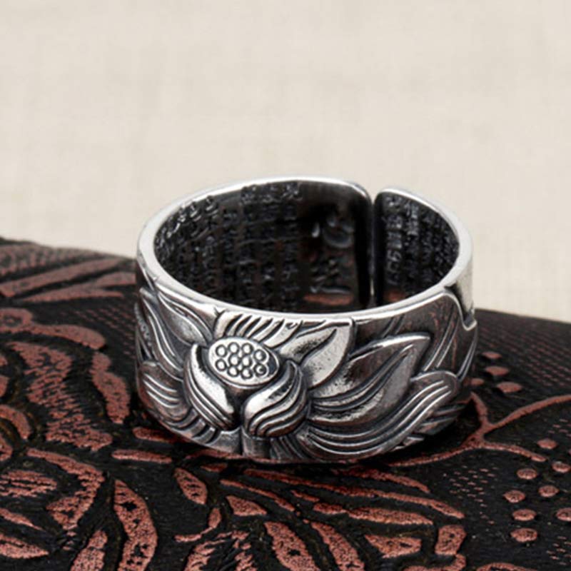 Stone of buddha 999 Sterling Silver Lotus Symbol Heart Sutra Protection Ring