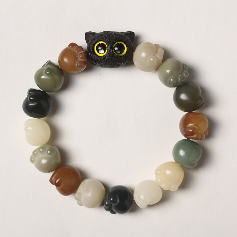 Stone of buddha Natural Bodhi Seed Lovely Paw Ebony Wood Lucky Cat Wisdom Bracelet