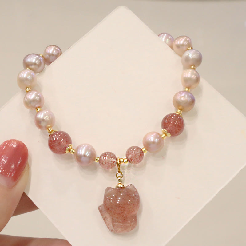 Stone of buddha Natural Pearl Strawberry Quartz Cute Fox Love Healing Charm Bracelet