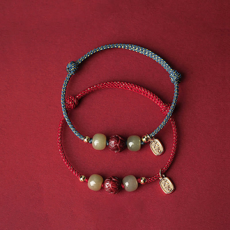Stone of buddha 14K Gold Plated Hetian Jade Cinnabar Lotus Luck Handcrafted Rope Bracelet