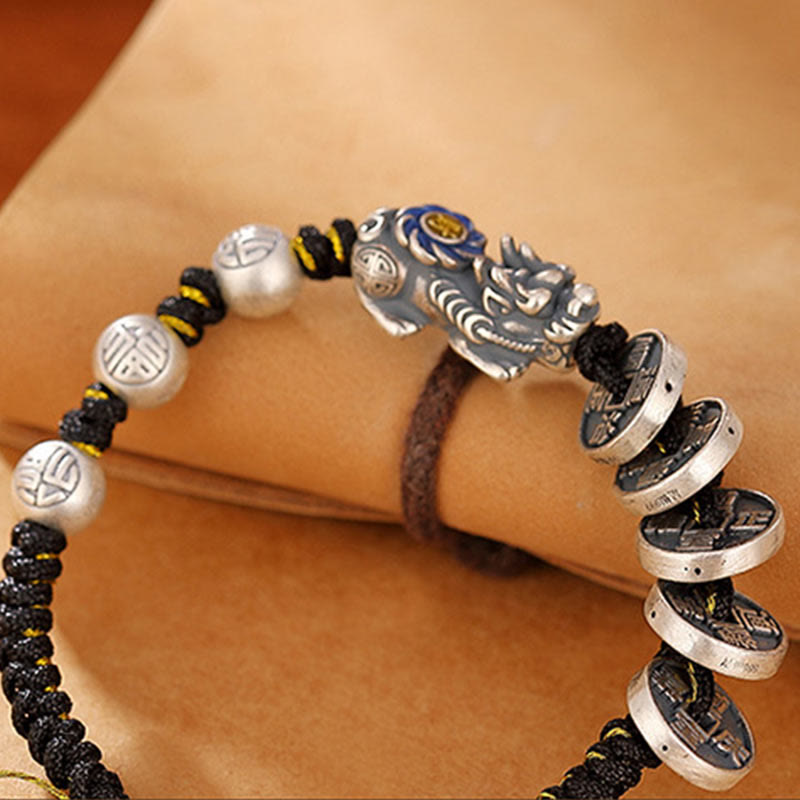 Stone of buddha 999 Sterling Silver FengShui PiXiu Copper Coin Fu Character Wealth Braided Bracelet
