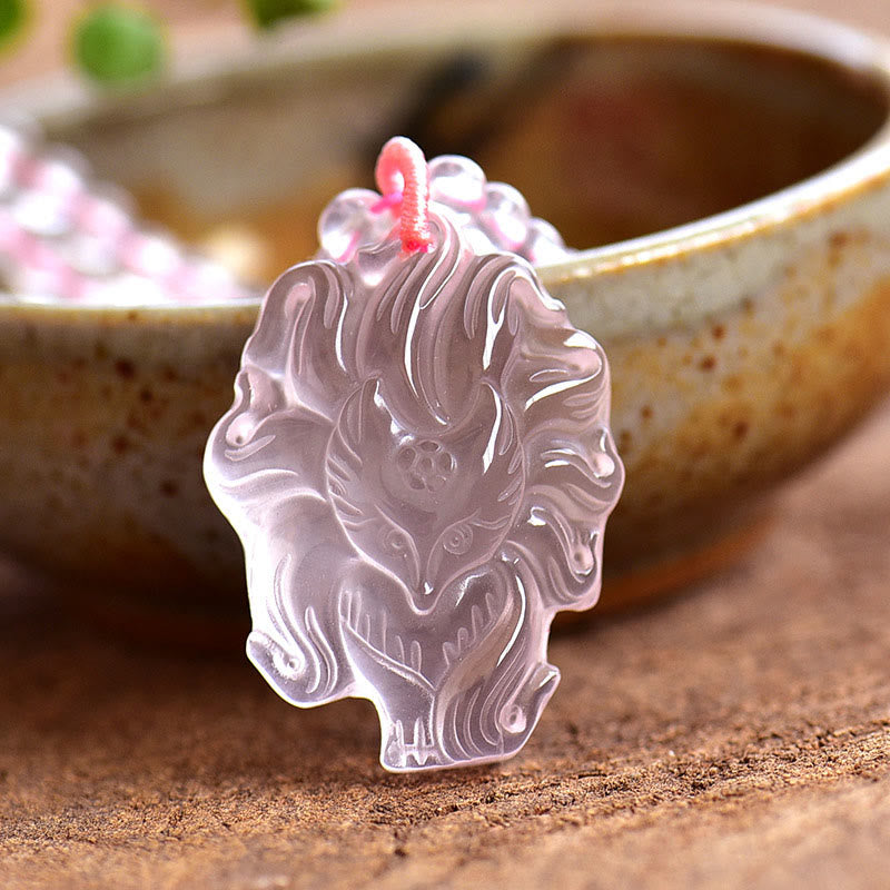 Stone of buddha Natural Pink Crystal Nine Tailed Fox Love Necklace Pendant