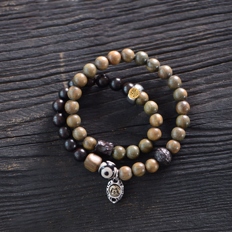 Stone of buddha Tibetan Green Sandalwood Ebony Wood Three-eyed Dzi Bead Fu Character Balance Peace Double Wrap Bracelet