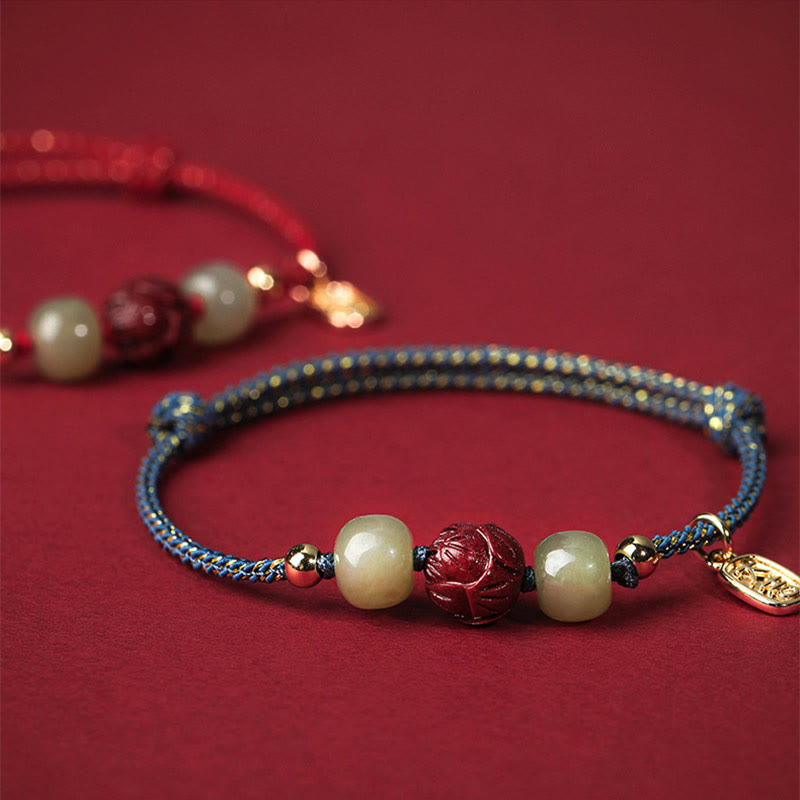 Stone of buddha 14K Gold Plated Hetian Jade Cinnabar Lotus Luck Handcrafted Rope Bracelet