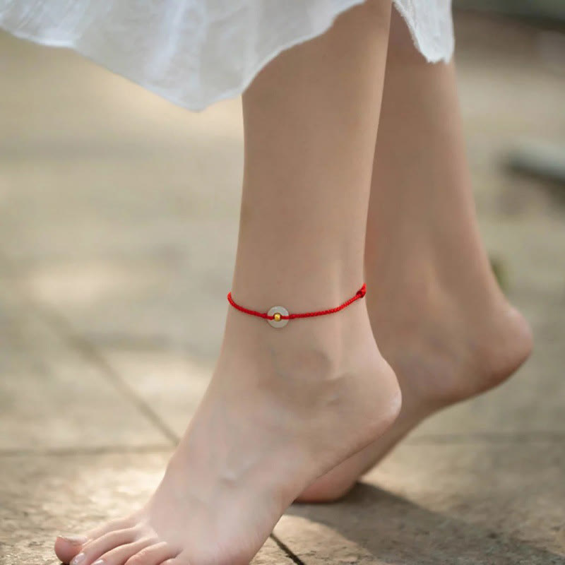 Stone of buddha 999 Gold Bead Round Peace Buckle Hetian Jade Luck Abundance Braided Bracelet Anklet