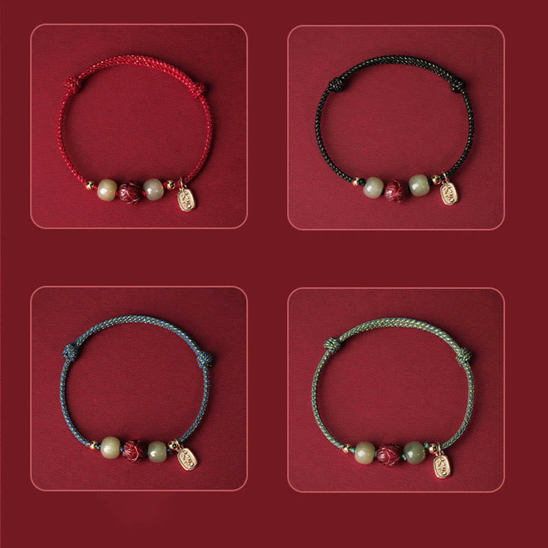 Stone of buddha 14K Gold Plated Hetian Jade Cinnabar Lotus Luck Handcrafted Rope Bracelet