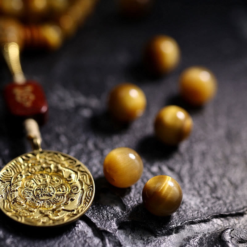 Stone of buddha 108 Mala Beads Natural Tiger Eye Copper Dorje Protection Tassel Bracelet