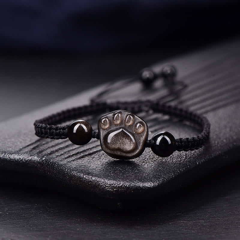 Stone of buddha Natural Silver Sheen Obsidian Gold Sheen Obsidian Cute Cat Paw Claw Protection Rope Bracelet