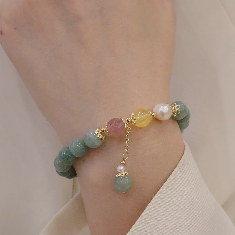 Stone of buddha Jade Pearl Strawberry Quartz Abundance Luck Bead Charm Bracelet