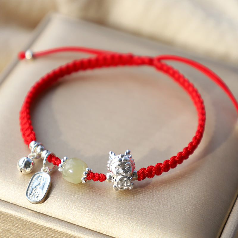 Stone of buddha Handmade Year Of The Dragon 999 Sterling Silver Hetian Jade Copper Coin Peace And Joy Protection Bracelet