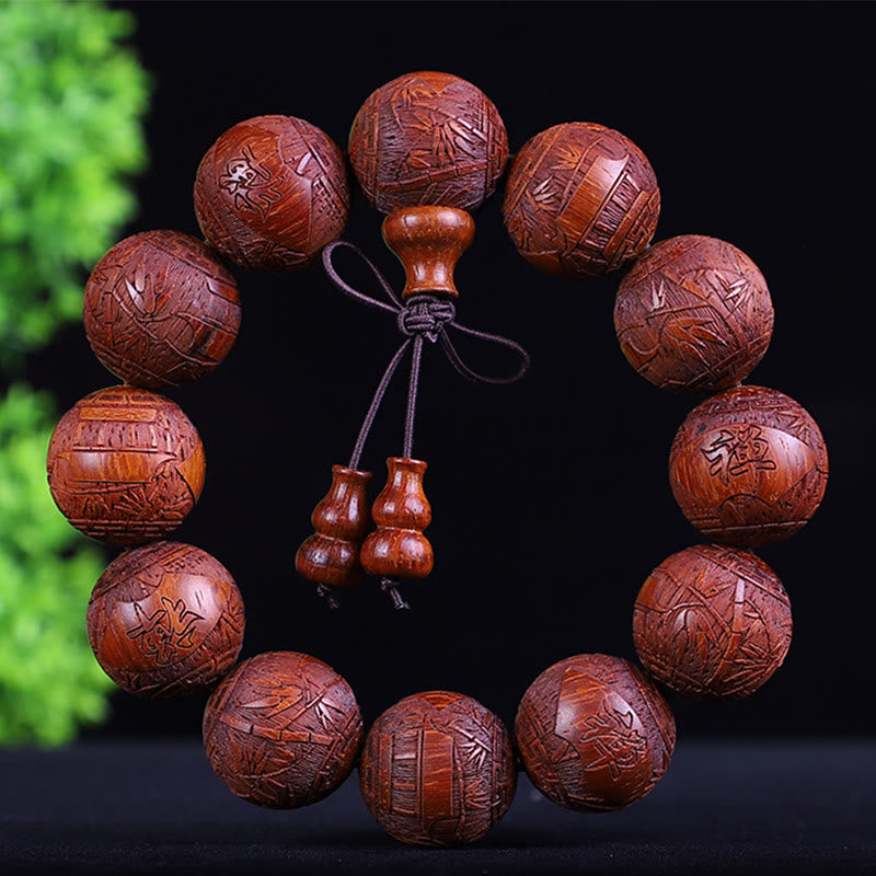 Stone of buddha Chinese Zodiac Rosewood Ebony Boxwood Copper Coin PiXiu Carved Warmth Bracelet
