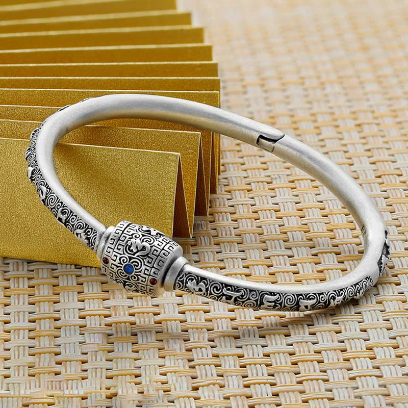 Stone of buddha 990 Sterling Silver Tibetan Auspicious Clouds Om Mani Padme Hum Engraved Creativity Bracelet Bangle