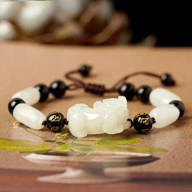 Stone of buddha Natural Hetian White Jade PiXiu Wealth String Bracelet